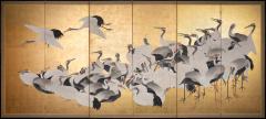 Japanese Six Panel Screen Dance of 50 Cranes on Gold Leaf - 3236725