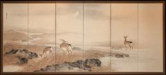 Japanese Six Panel Screen Deer in Moonlit Water Landscape - 3128404
