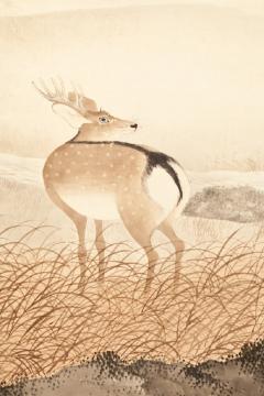 Japanese Six Panel Screen Deer in Moonlit Water Landscape - 3128426