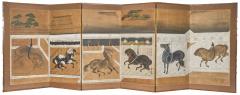 Japanese Six Panel Screen Horses in Stable - 4419775