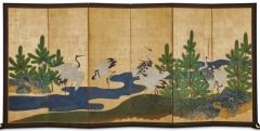 Japanese Six Panel Screen Manchurian Cranes and Pines on Gold - 3145894