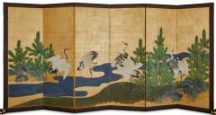 Japanese Six Panel Screen Manchurian Cranes and Pines on Gold - 3145895