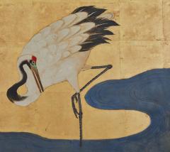 Japanese Six Panel Screen Manchurian Cranes and Pines on Gold - 3145913