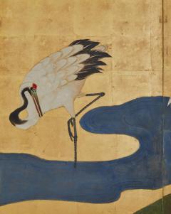Japanese Six Panel Screen Manchurian Cranes and Pines on Gold - 3145953