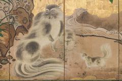 Japanese Six Panel Screen Mother Cat and Kittens Near Rushing Stream - 2522880