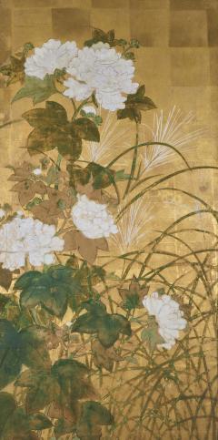 Japanese Six Panel Screen Peony and Wild Grasses on Gold - 4687676