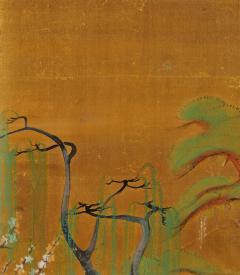 Japanese Six Panel Screen Plum Willow and Pine on Silk - 3145956