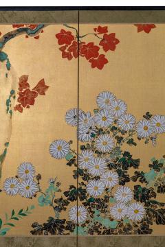 Japanese Six Panel Screen Red Maple Chrysanthemum - 3096326