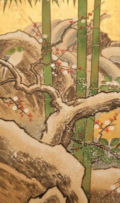 Japanese Six Panel Screen Snow Scene at Water s Edge with Flowers and Waterfowl - 1269193