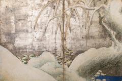 Japanese Six Panel Screen Snowy Landscape with Wood Ducks and Willow on Silver - 2736061