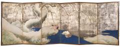 Japanese Six Panel Screen Snowy Landscape with Wood Ducks and Willow on Silver - 2736066