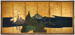 Japanese Six Panel Screen Thatched Pavillion in Cedar Landscape - 3219534