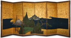 Japanese Six Panel Screen Thatched Pavillion in Cedar Landscape - 3219539