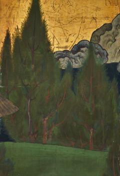 Japanese Six Panel Screen Thatched Pavillion in Cedar Landscape - 3219544