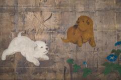 Japanese Two Panel Screen Akita Puppies and Morning Glories - 3289700
