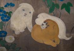 Japanese Two Panel Screen Akita Puppies and Morning Glories - 3289712