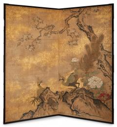 Japanese Two Panel Screen Amorous Pea fowl in Craggy Garden Landscape - 3970502