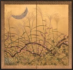 Japanese Two Panel Screen Autumn Flowers and Moon - 374957