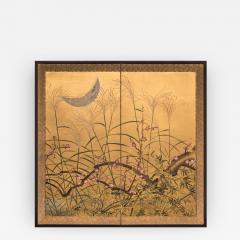 Japanese Two Panel Screen Autumn Flowers and Moon - 375018