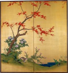 Japanese Two Panel Screen Autumn Maple and Quail - 3312916
