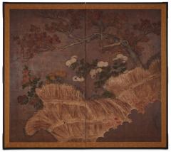 Japanese Two Panel Screen Autumn Scene of Red Maple and Chrysanthemums - 3248214