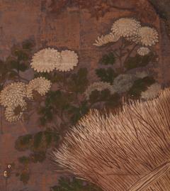 Japanese Two Panel Screen Autumn Scene of Red Maple and Chrysanthemums - 3248219