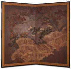 Japanese Two Panel Screen Autumn Scene of Red Maple and Chrysanthemums - 3248239