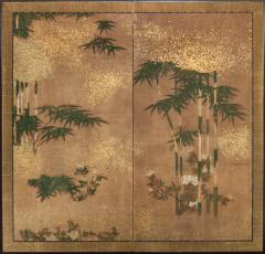 Japanese Two Panel Screen Bamboo Grove on Mulberry Paper with Gold Dust - 2540230