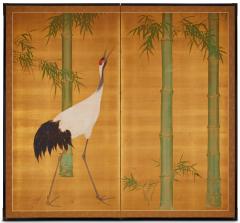 Japanese Two Panel Screen Bamboo and Manchurian Crane - 3198404