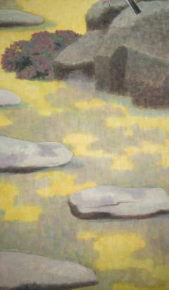 Japanese Two Panel Screen Bird on a Rock on a Minimalist Ground - 3138341