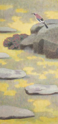 Japanese Two Panel Screen Bird on a Rock on a Minimalist Ground - 3138344