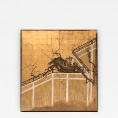 Japanese Two Panel Screen Camellia and Plum Blossom Over a Garden Fence - 423616