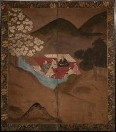 Japanese Two Panel Screen Cherry Blossoms Viewing Party - 1279879