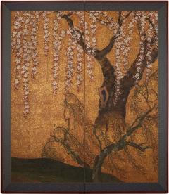 Japanese Two Panel Screen Cherry Blossoms in Willow Landscape - 2955759