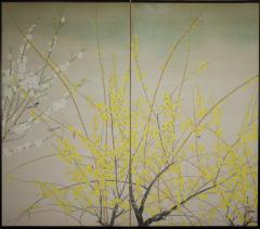 Japanese Two Panel Screen Cherry and Forsythia - 3289721