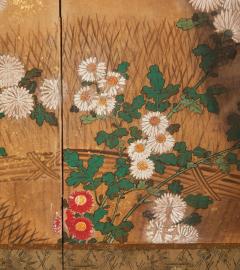 Japanese Two Panel Screen Chrysanthemums Over Twig Fence - 3553380