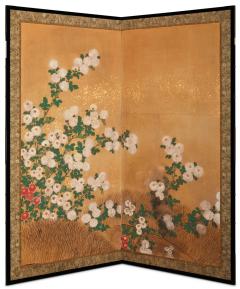 Japanese Two Panel Screen Chrysanthemums Over Twig Fence - 3553389