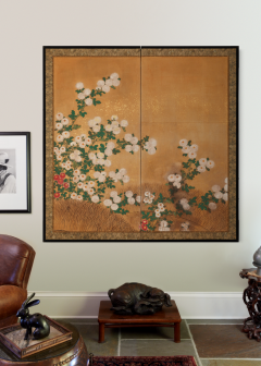 Japanese Two Panel Screen Chrysanthemums Over Twig Fence - 3553397