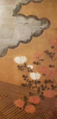 Japanese Two Panel Screen Chrysanthemums Over a Woven Reed Fence - 1650109