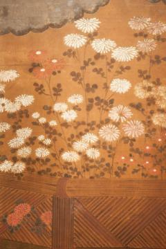 Japanese Two Panel Screen Chrysanthemums Over a Woven Reed Fence - 1650133