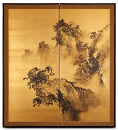 Japanese Two Panel Screen Craggy Landscape on Gold Silk - 3119886