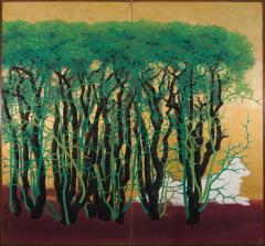 Japanese Two Panel Screen Dog Resting Beside a Thorny Hedge - 1542478