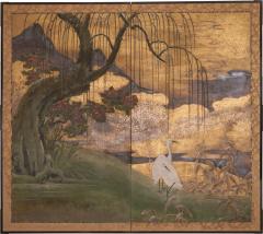 Japanese Two Panel Screen Egrets on Rivers Edge - 4203705