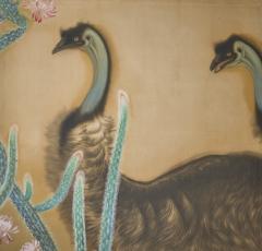 Japanese Two Panel Screen Emu in Flowering Cactus - 4340517