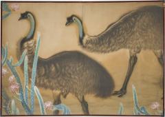 Japanese Two Panel Screen Emu in Flowering Cactus - 4344625