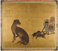 Japanese Two Panel Screen European Hound and Puppies - 3553393