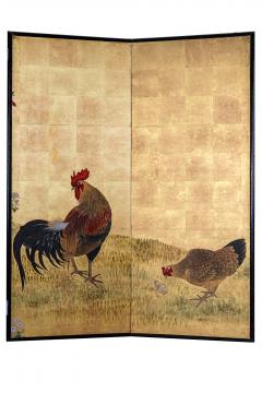 Japanese Two Panel Screen Family of Chickens on Gold Leaf - 3071467