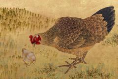 Japanese Two Panel Screen Family of Chickens on Gold Leaf - 3071487