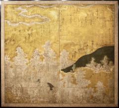 Japanese Two Panel Screen Farmhouse in a Forest of Cherry Blossoms - 3198417