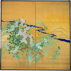 Japanese Two Panel Screen Flowers by River s Edge - 3097515